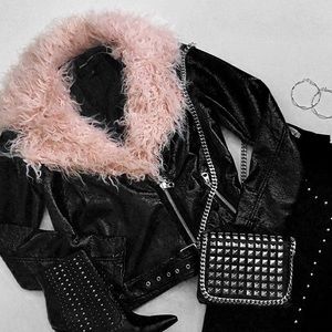 Faux Leather Biker Moto Jacket w/ Faux Fur Collar